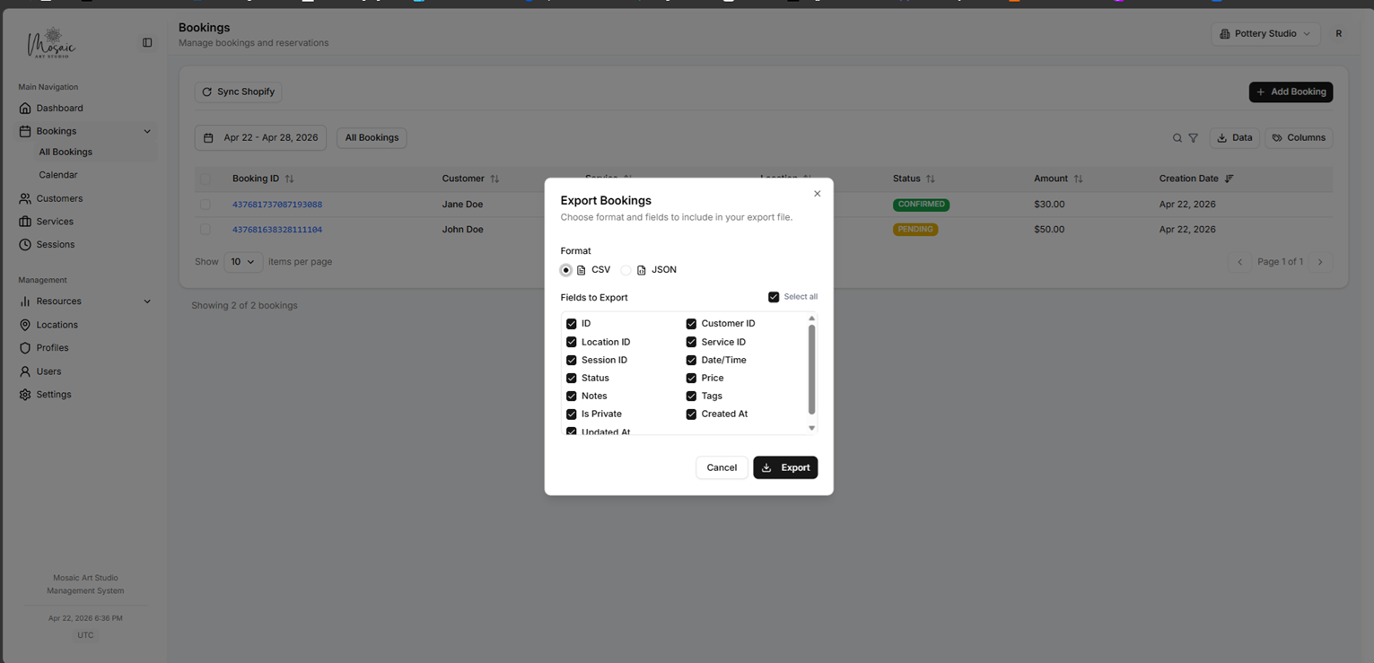 Bookings page with export option highlighted